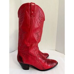 Acme Womens Red Leather Snakeskin Western Cowboy Boots Pointed Toe Size 10 M USA